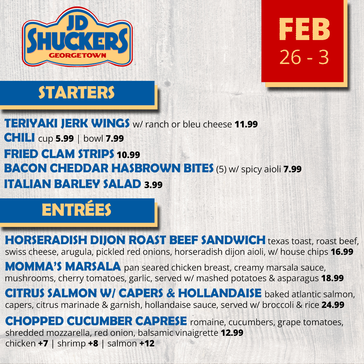 Weekly Specials at JD Shuckers Georgetown