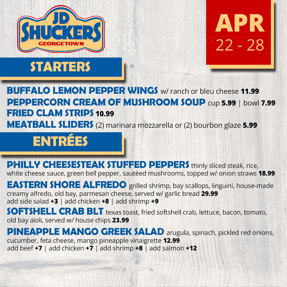 Weekly Specials at JD Shuckers Georgetown